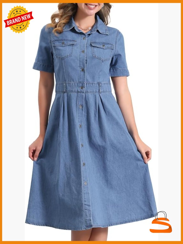 Denim Midi Dress Collared Short Sleeve A-Line Button Up Jean Shirt Dress